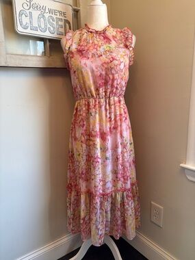 Gibsonlook Dahlia Floral Print Flutter Sleeve Tiered Ruffle Midi Dress NWT